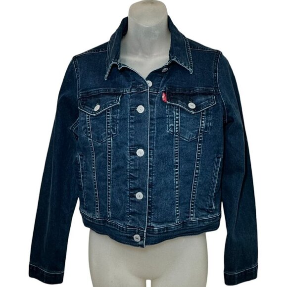NWT Levis Jacket Womens Small Blue Jean Denim Button Medium Wash Trucker Stretch - Picture 1 of 6